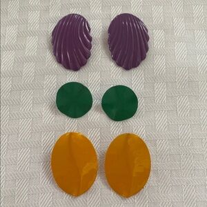 Vintage Metal Shell and Circle Earrings Set - Purple, Green, Yellow